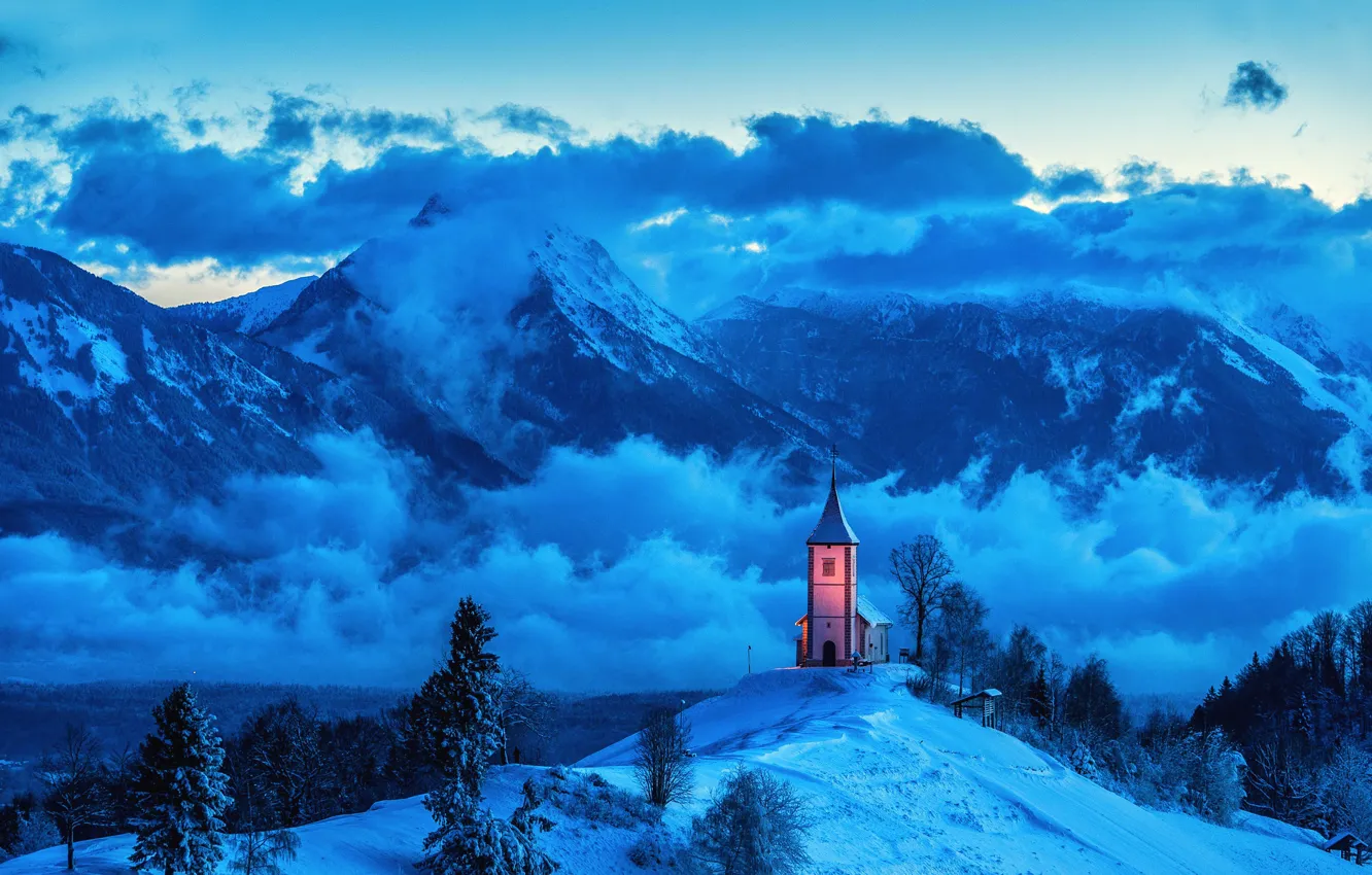 Photo wallpaper winter, clouds, snow, trees, landscape, mountains, nature, village, Alps, hill, Church, twilight, Slovenia, Yamnik
