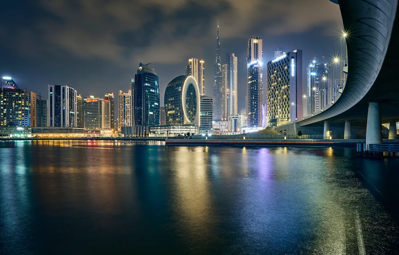 Photo wallpaper water, bridge, building, home, Dubai, night city, Dubai, skyscrapers, UAE, UAE