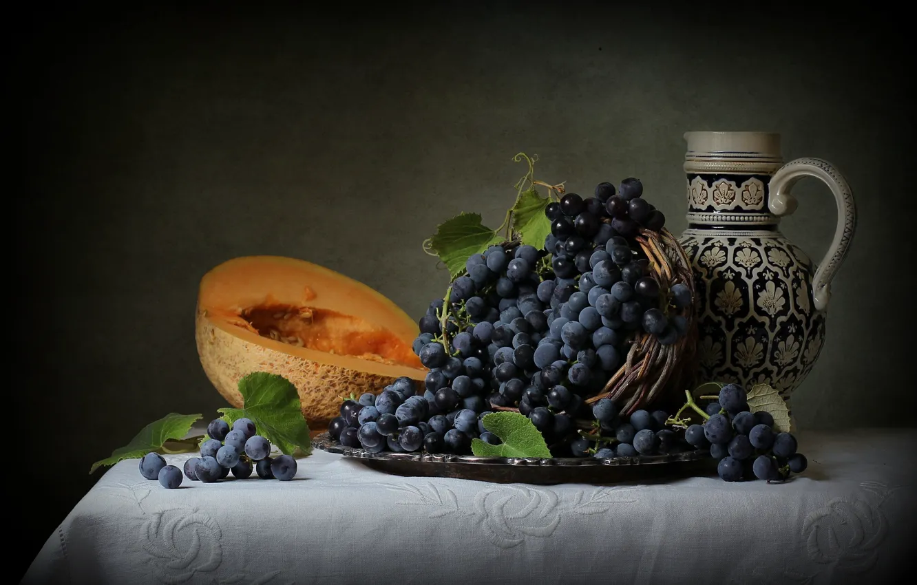Photo wallpaper grapes, pitcher, still life, melon