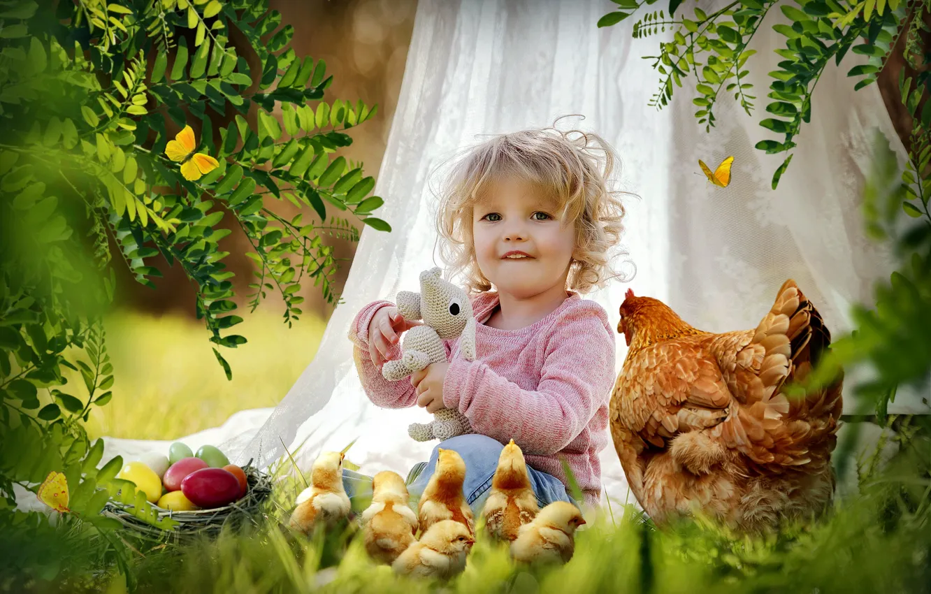 Photo wallpaper Easter, Child, chicken.
