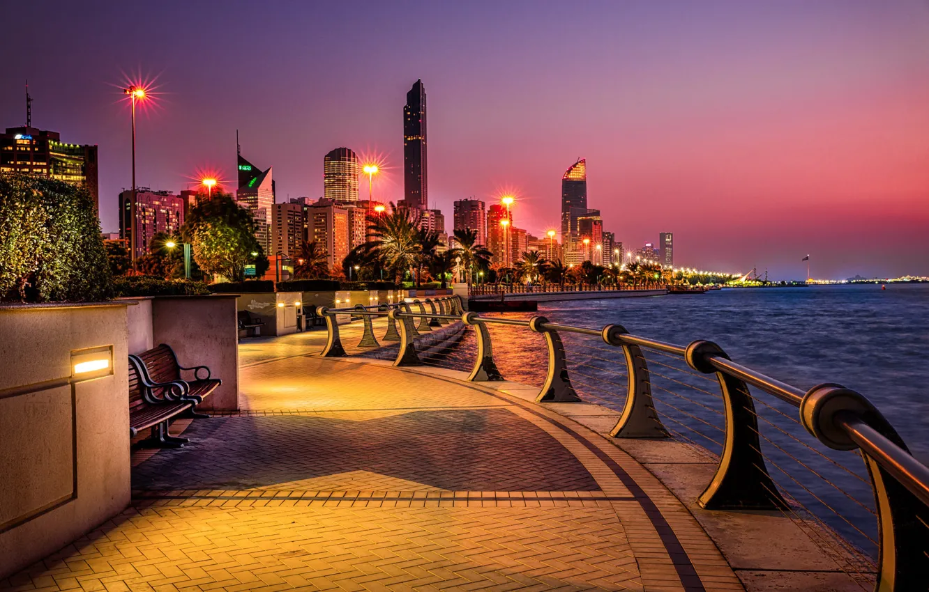 Photo wallpaper water, the city, building, the evening, lighting, lights, promenade, UAE, Abu Dhabi, Emirates
