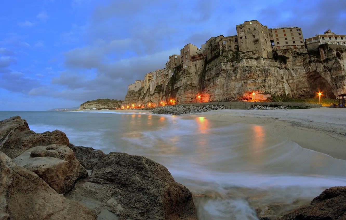 Photo wallpaper lights, sky, sea, landscape, Italy, clouds, village, cliff, Tropea, Calabria