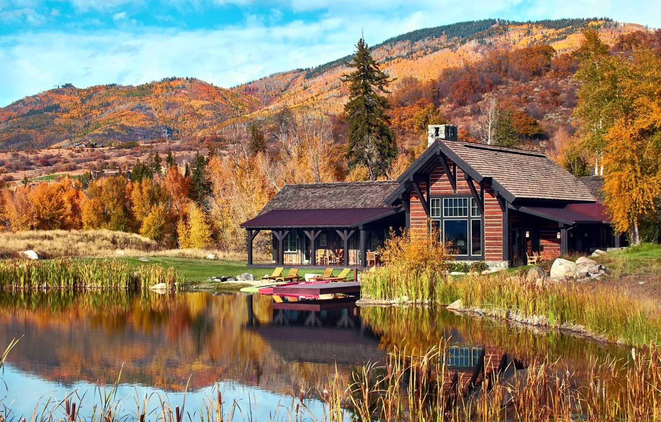 Wallpaper autumn, lake, house images for desktop, section пейзажи - download