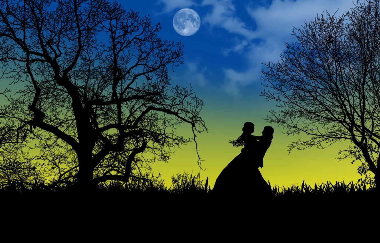 Photo wallpaper love, night, the moon, romance, two, silhouettes, date
