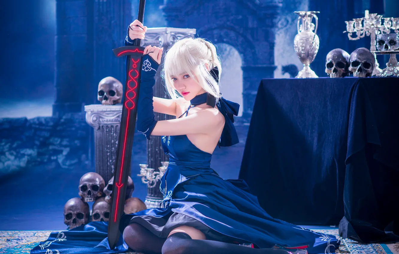 Photo wallpaper look, girl, blue, pose, weapons, table, background, castle, feet, sword, stockings, fantasy, hairstyle, blonde, skull, …