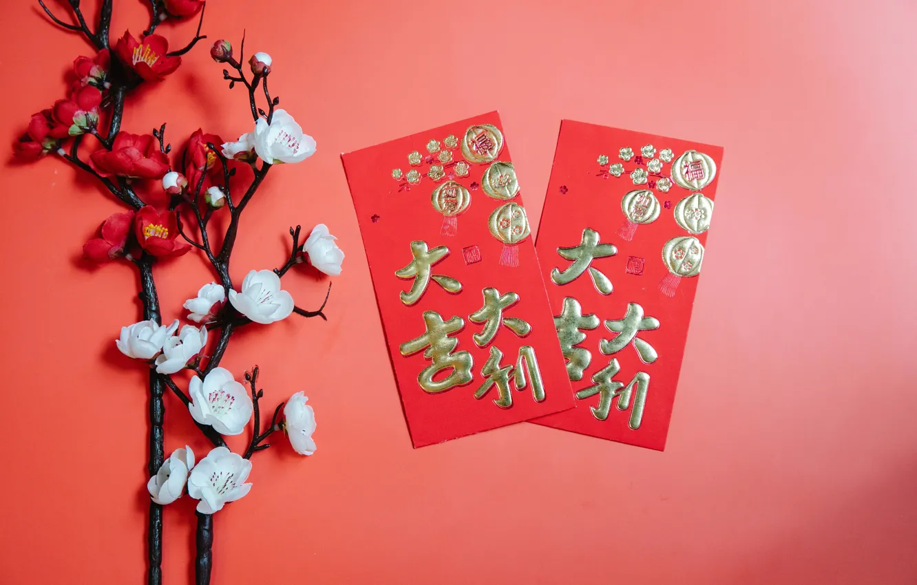 Photo wallpaper holiday, new year, Happy New Year, red background, happy new year, Merry Christmas, cards, Sakura, …