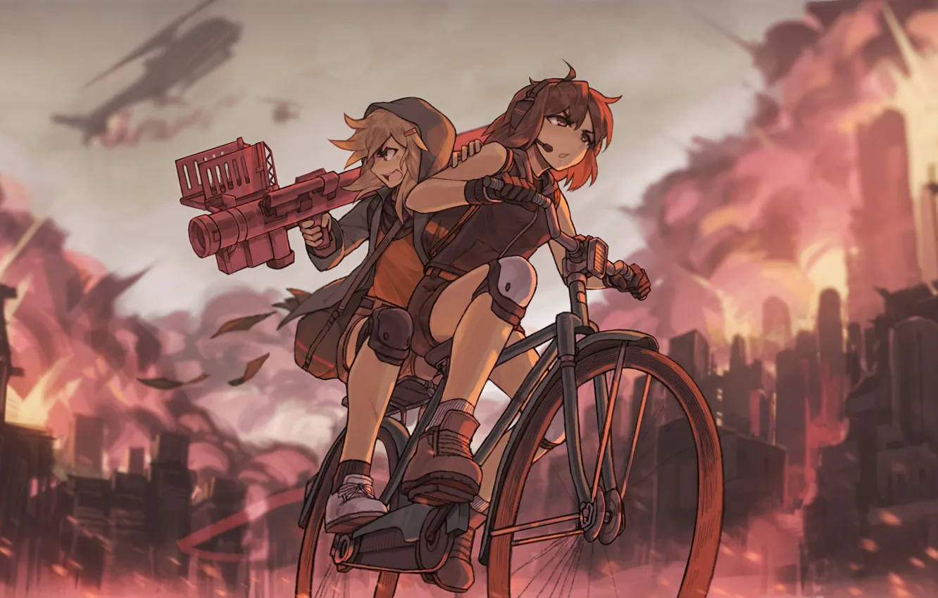 Photo wallpaper bike, girls, gun