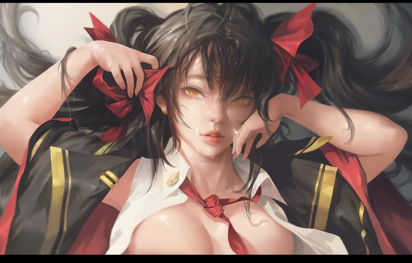 Photo wallpaper hands, brunette, tie, yellow eyes, two tails, bangs, red tape, drops of sweat