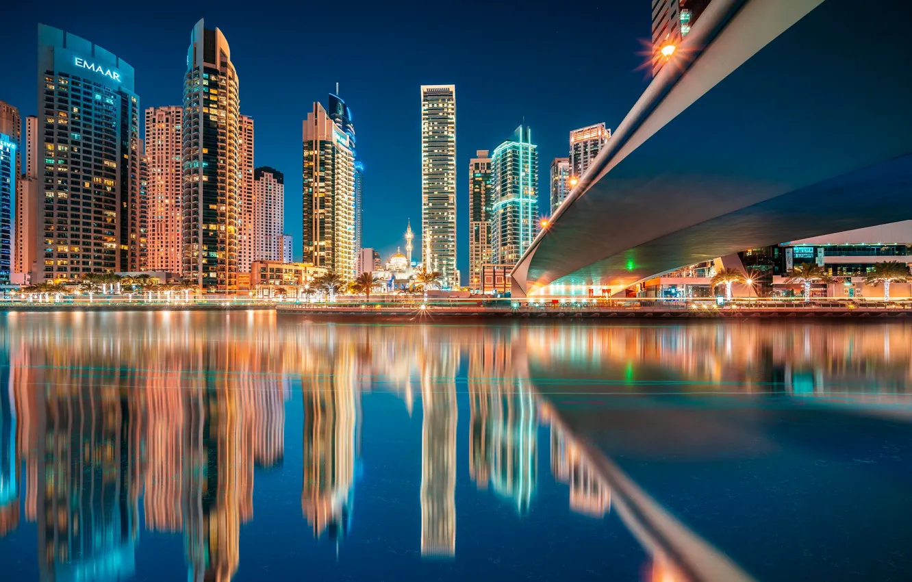Wallpaper water, night, the city, reflection, building, lighting, Dubai,  Bay, skyscrapers, UAE, Emirates images for desktop, section город - download