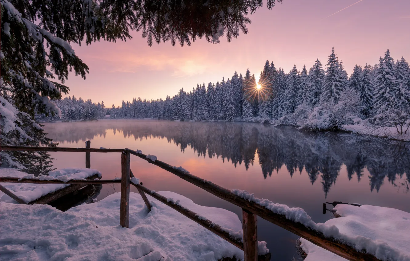 Photo wallpaper winter, forest, snow, sunset, lake, pond, reflection, Switzerland, ate, Switzerland, Jura, Pond Gruyere, Etang de …