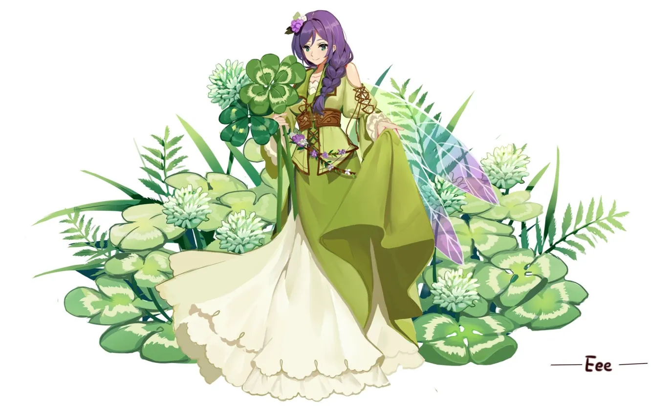 Photo wallpaper fairy, white background, clover, braid, wings, lacing, purple hair, flower in hair, green dress, Love …