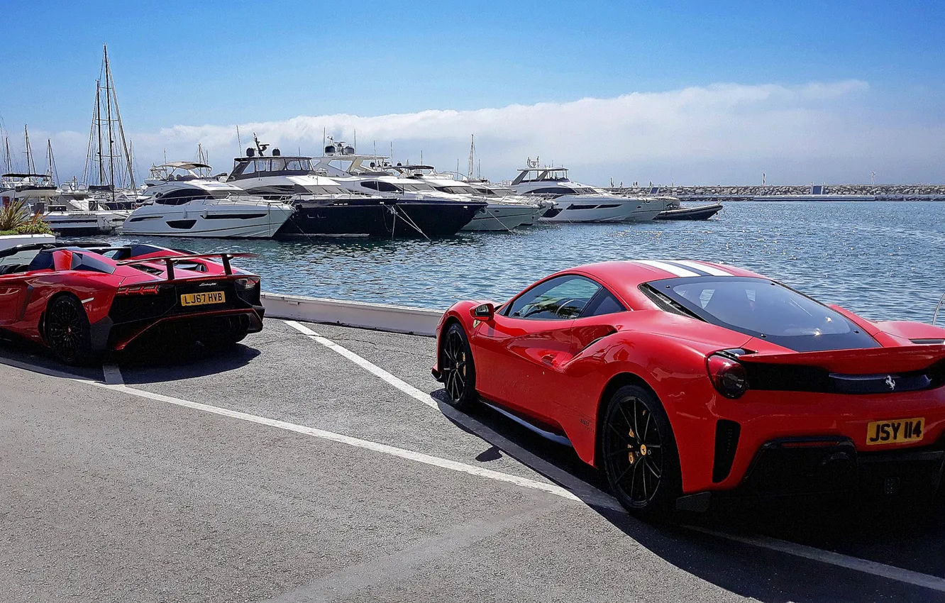 Photo wallpaper sea, yachts, Lamborghini, port, Ferrari, promenade