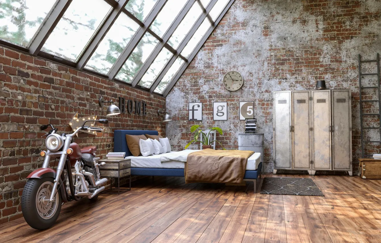 Photo wallpaper room, bedroom, design with grunge walls loft style, интерьер в индустриальном стиле, дизайн с гранжевыми …