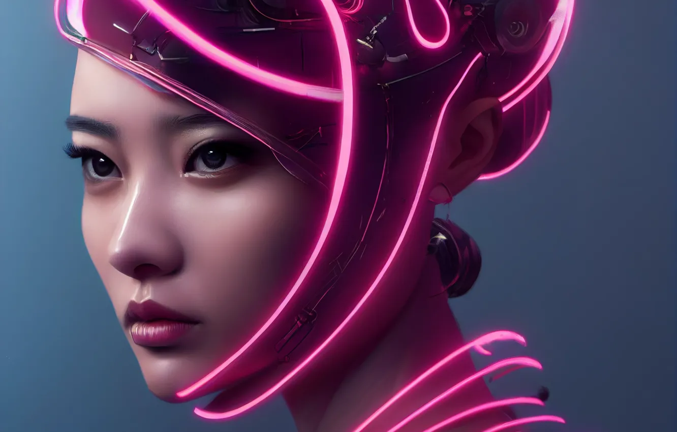 Photo wallpaper girl, face, background, neon, Asian, cyberpunk