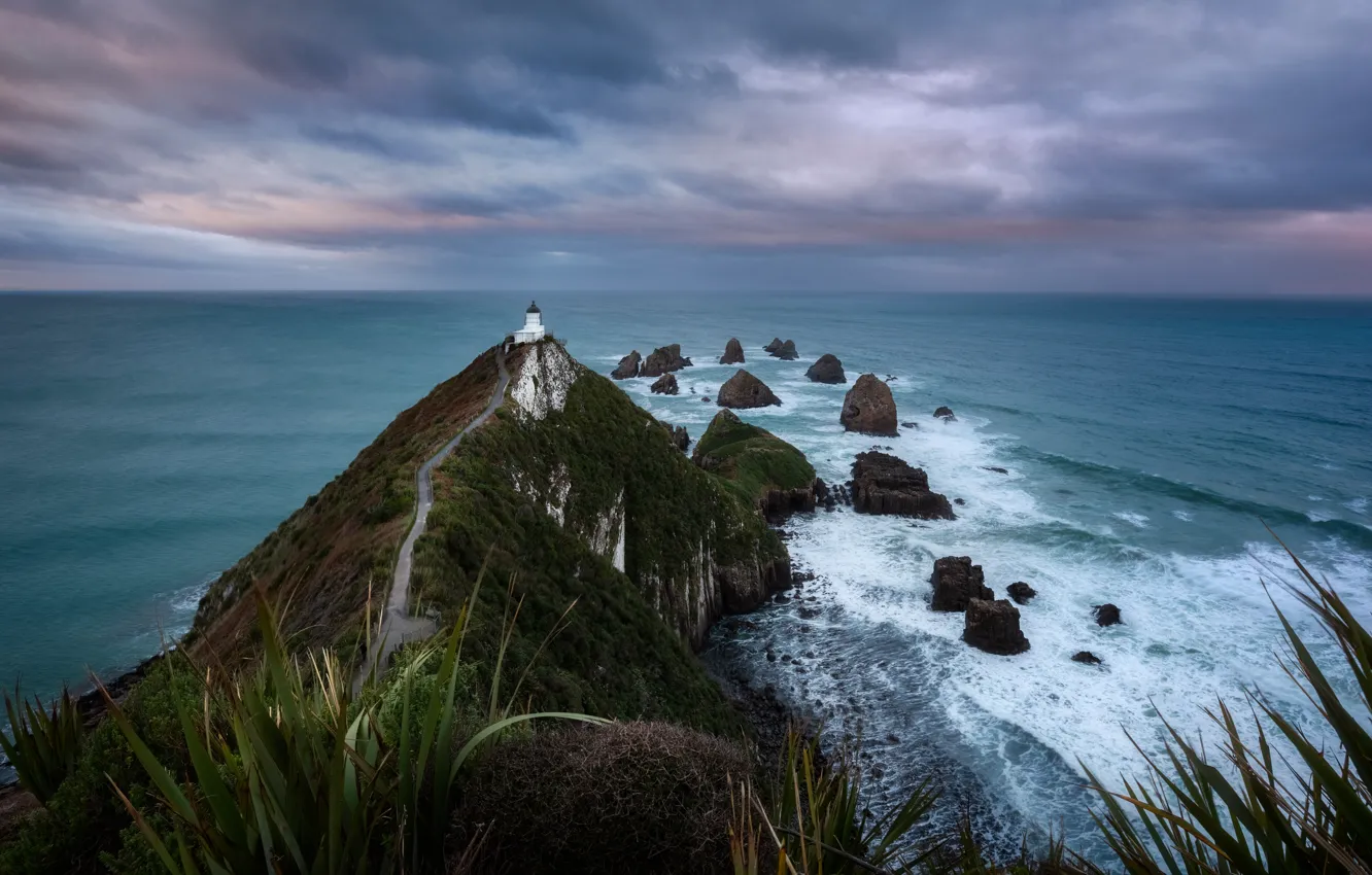 Photo wallpaper road, landscape, nature, the ocean, lighthouse, New Zealand, Nugget Point, Nugget Point