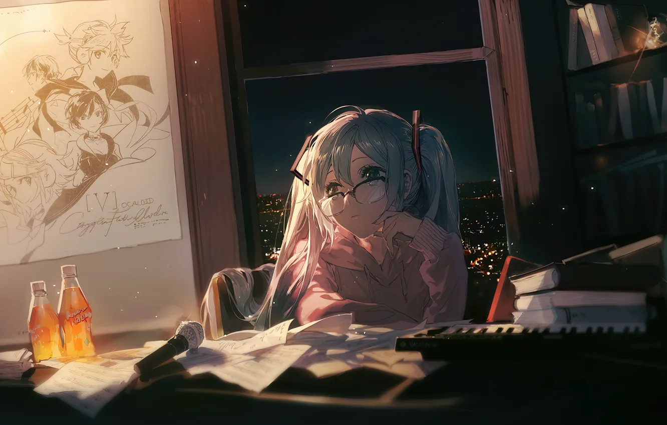 Photo wallpaper notes, books, microphone, vocaloid, hatsune miku, in the room, glasses, Hatsune Miku, night, synth sound