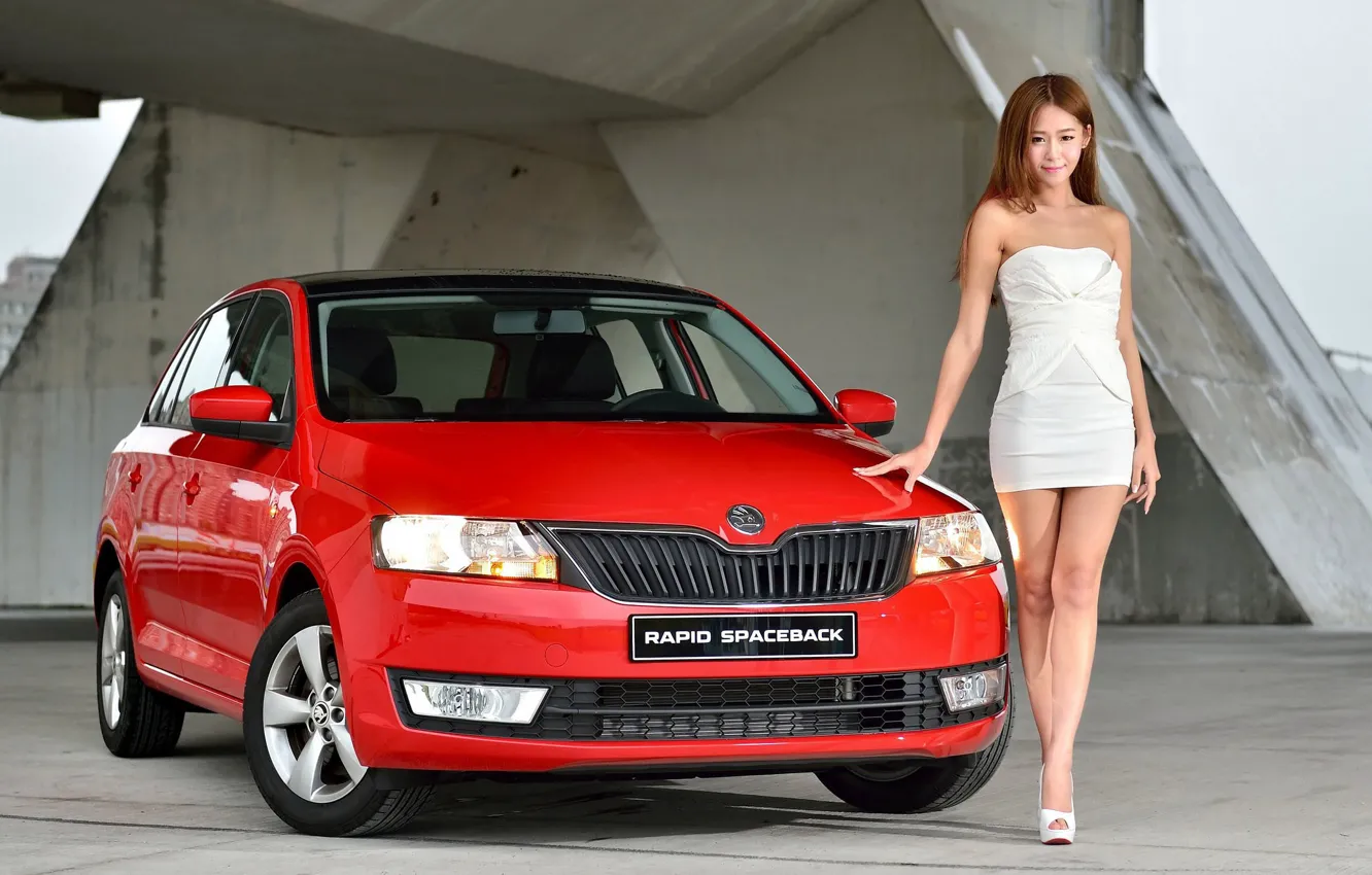 Wallpaper look, Girls, Asian, beautiful girl, Skoda, red car, posing on the  car images for desktop, section девушки - download