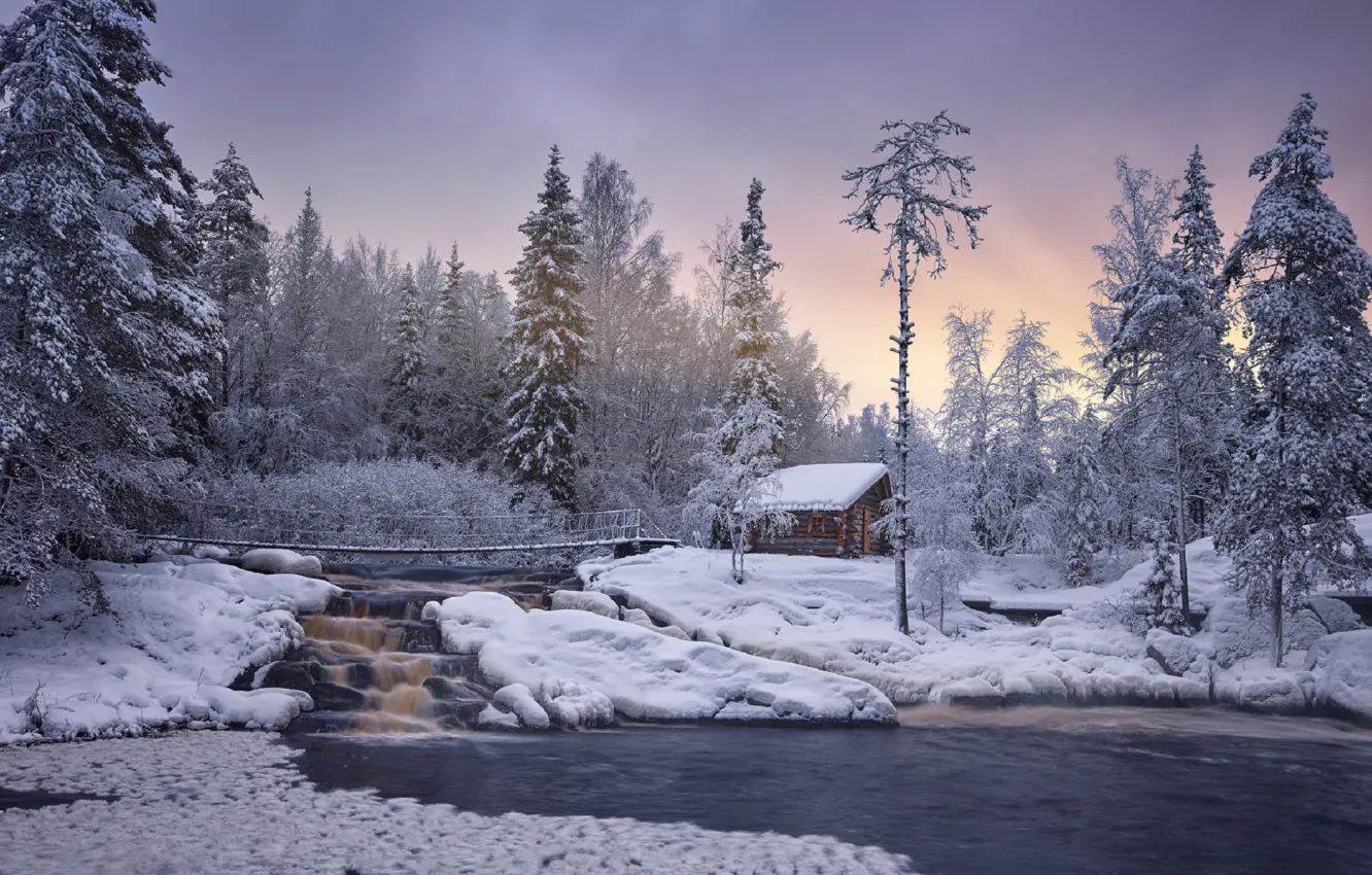 Wallpaper Winter Snow Trees Bridge Waterfall Beauty Karelia Images, Photos, Reviews