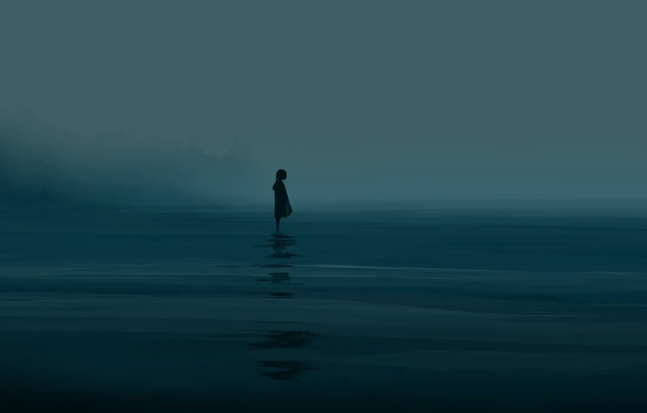 Photo wallpaper sea, fog, girl, twilight, postapokalipsis