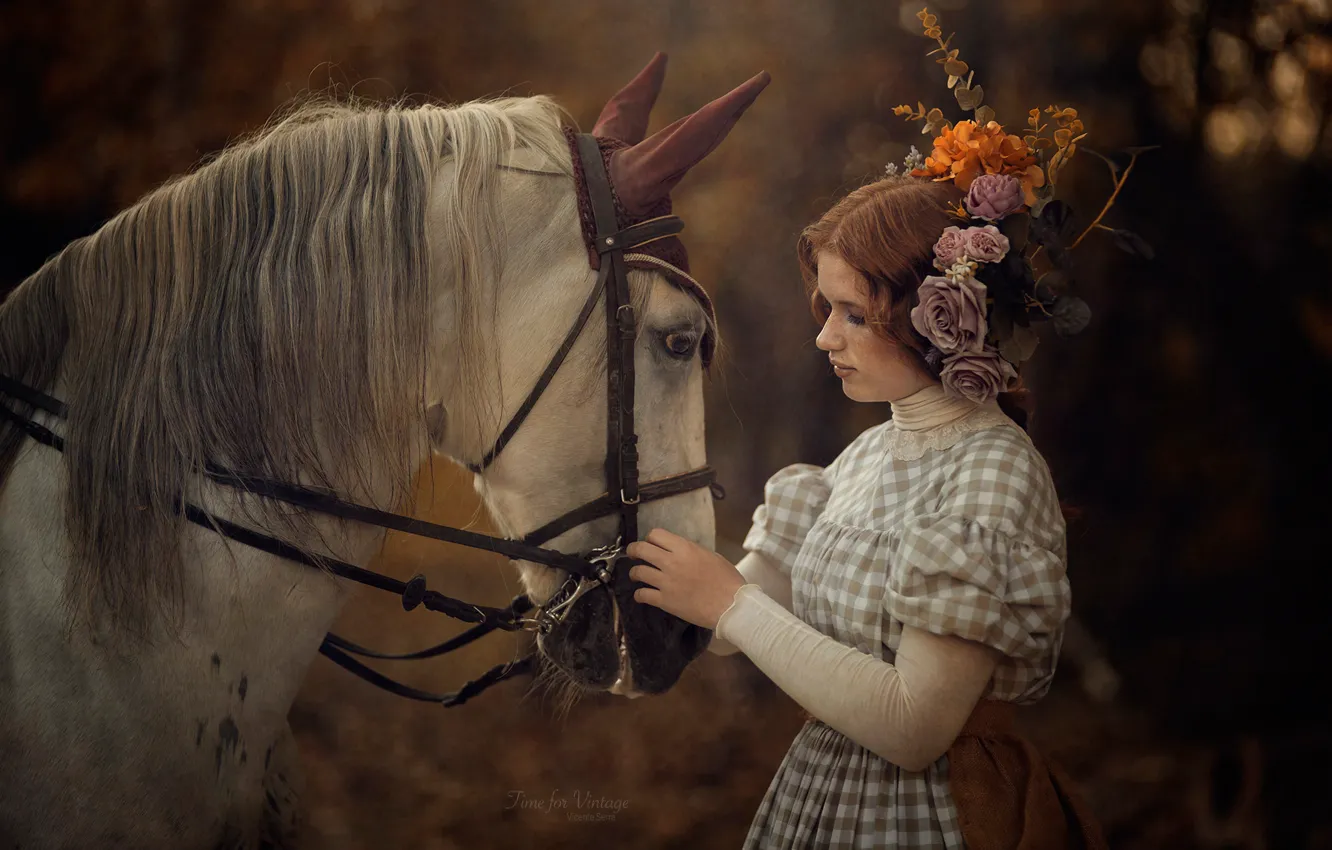 Photo wallpaper face, girl, flowers, pose, mood, horse, horse, dress, red, redhead, Violeta