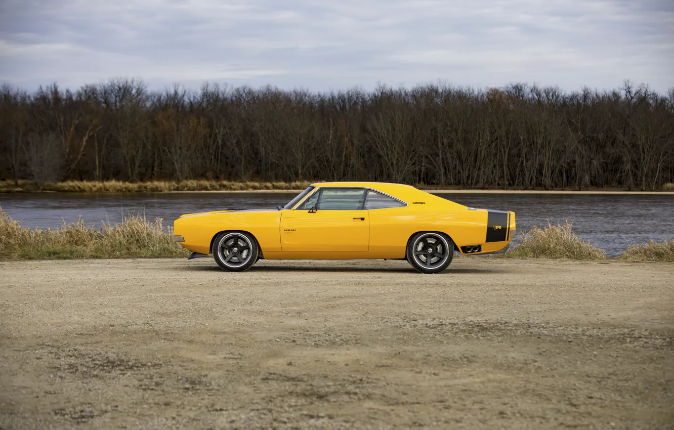 Photo wallpaper 1969, Dodge, Charger, Yellow, Side, Dodge Charger, Road, Lake, Forest, Ringbrothers, 2022, Captiv, Ringbrothers Dodge …