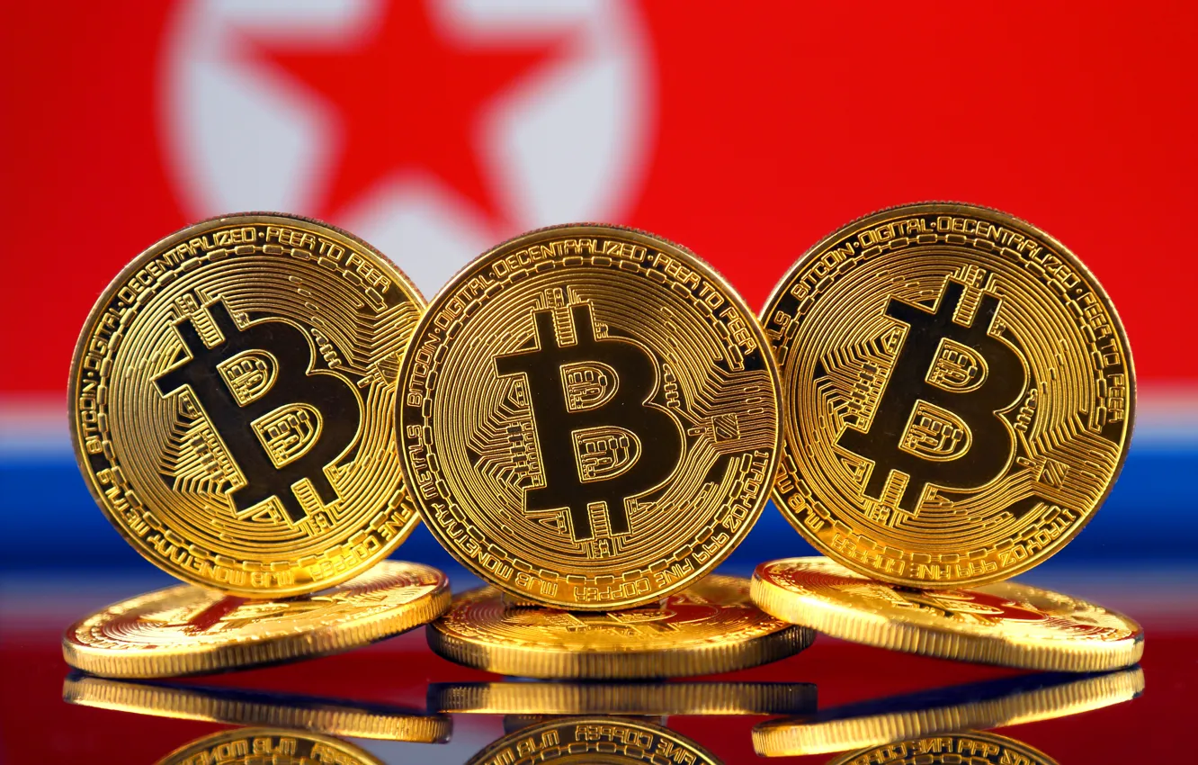 Photo wallpaper blur, flag, coins, flag, North Korea, coins, bitcoin, btc, nort korean