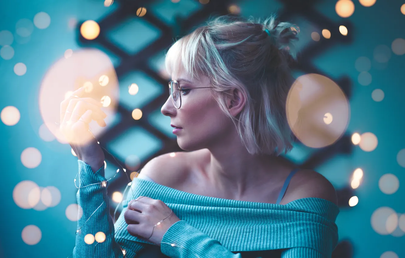 Photo wallpaper Glasses, Blonde, Background, Girl, Blue Eyes