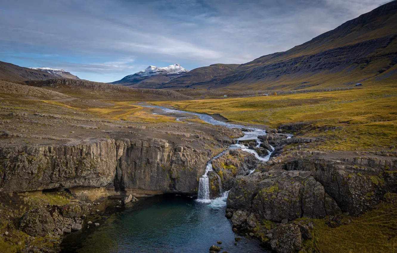 Photo wallpaper waterfall, river, Iceland, Skorhagafoss