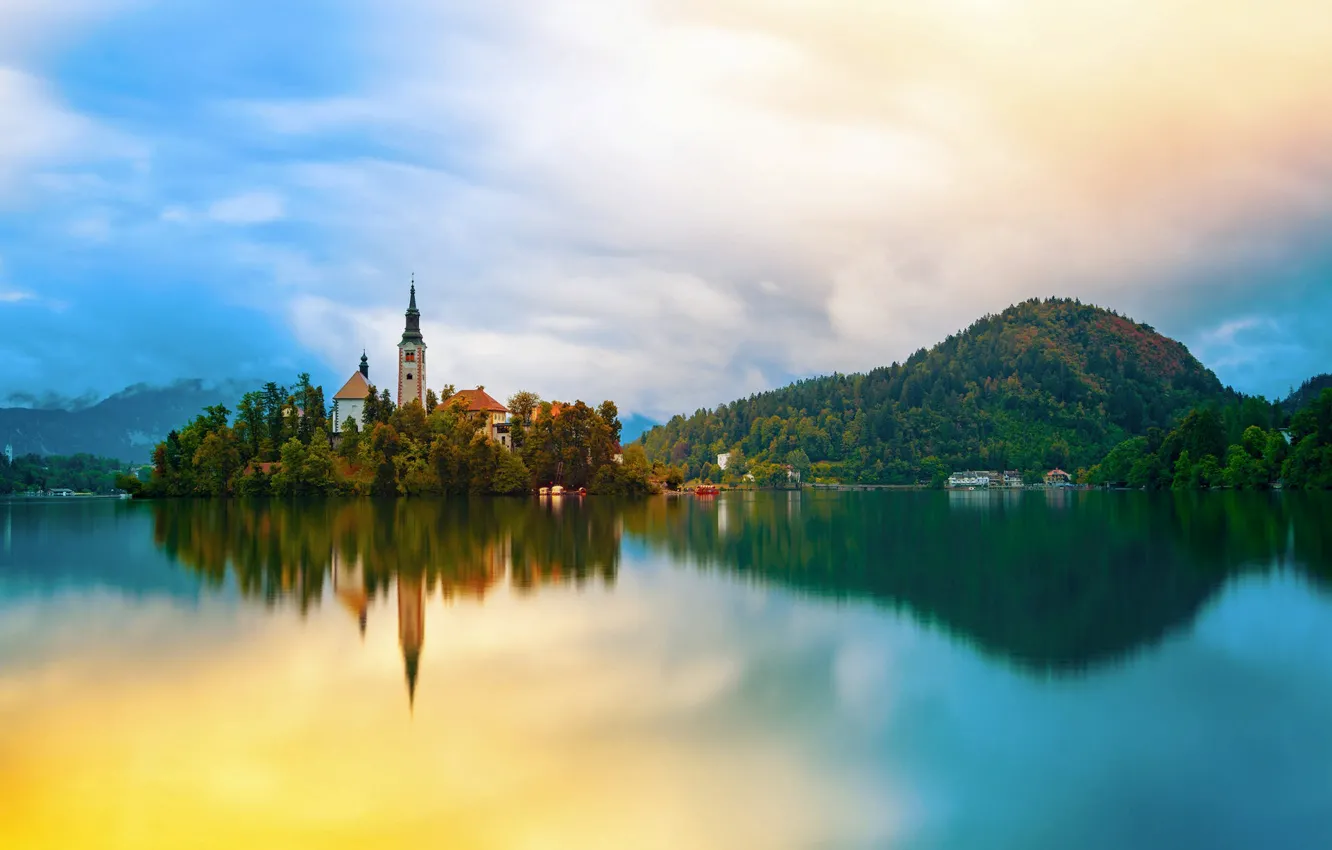Photo wallpaper landscape, mountains, nature, lake, Church, island, Slovenia, Bled