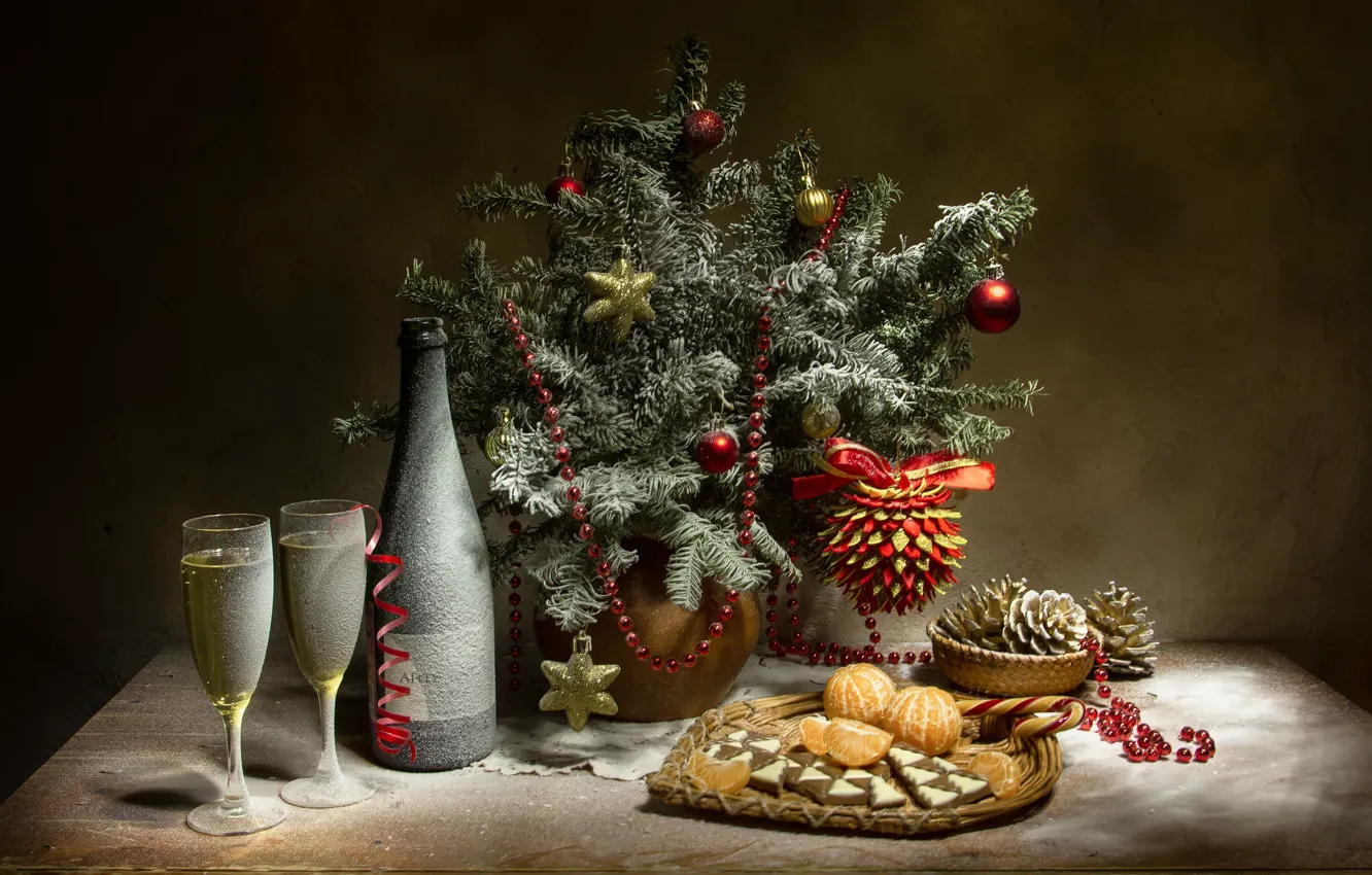 Photo wallpaper decoration, branches, holiday, toys, bottle, new year, chocolate, spruce, glasses, still life, champagne, bumps, slices, …