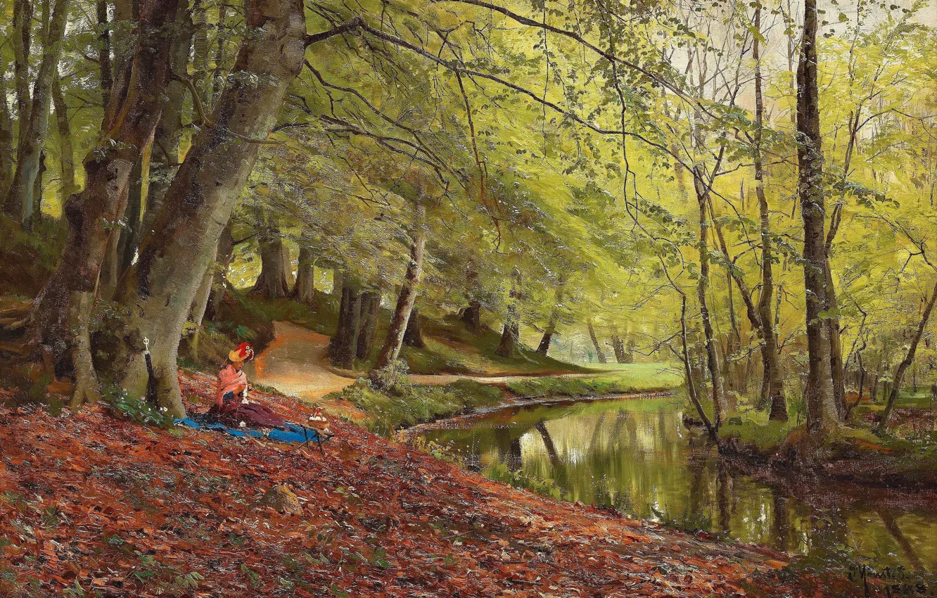 Photo wallpaper Trees, Picture, River, Woman, Peter Merk Of Menstad, Peder Mørk Mønsted, A picnic in the …