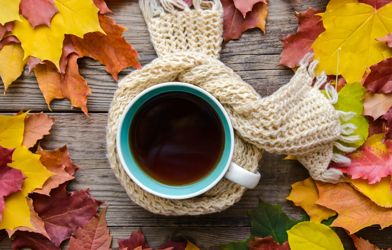 Photo wallpaper autumn, leaves, scarf, wood, autumn, leaves, coffee cup, a Cup of coffee