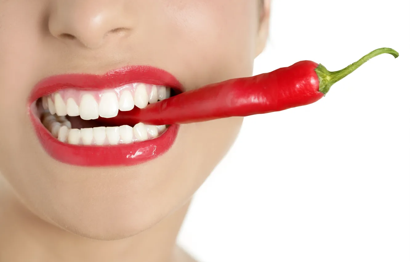 Photo wallpaper woman, chili, mouth, teeth
