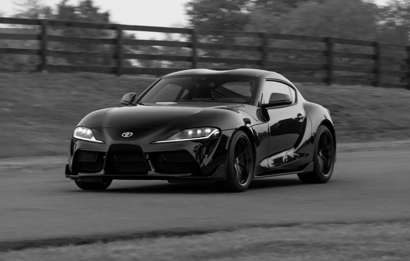 Photo wallpaper black, the fence, coupe, Toyota, Supra, the fifth generation, mk5, double, 2020, 2019, GR Above, …