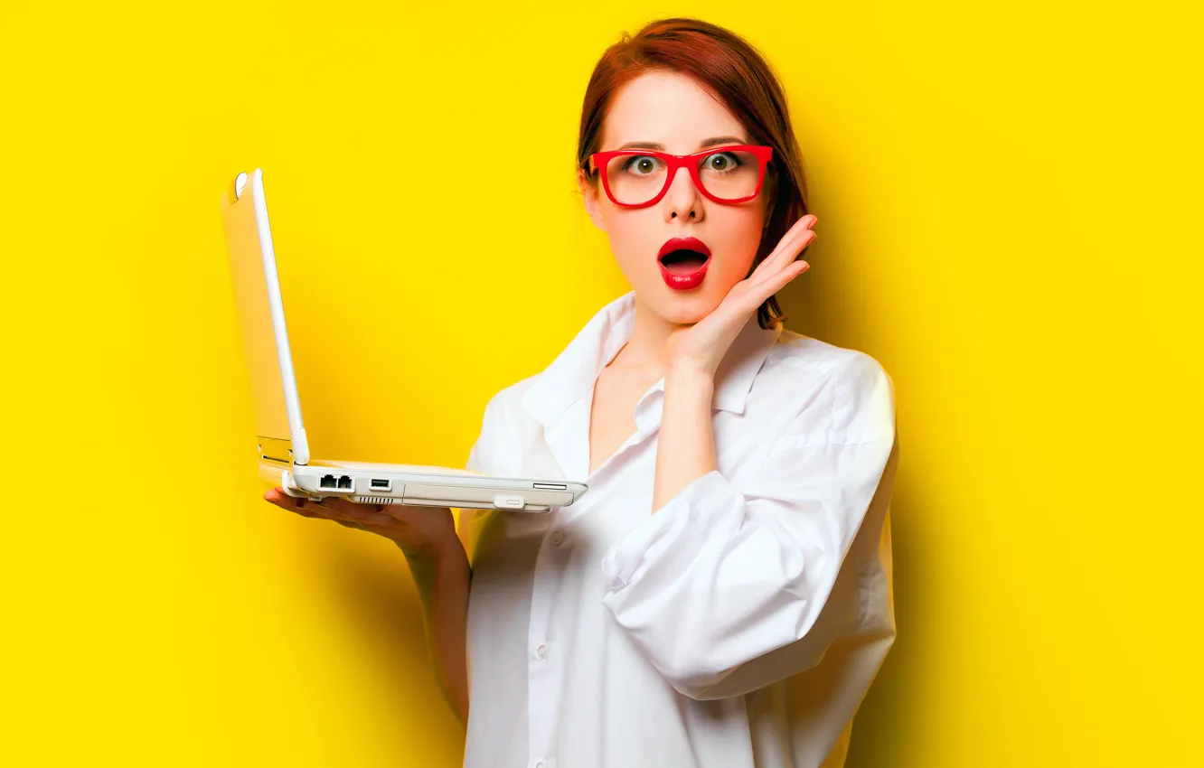 Photo wallpaper Girl, Look, Glasses, Laptop, Red, Shirt, Beautiful, Surprise, Young, Yellow background