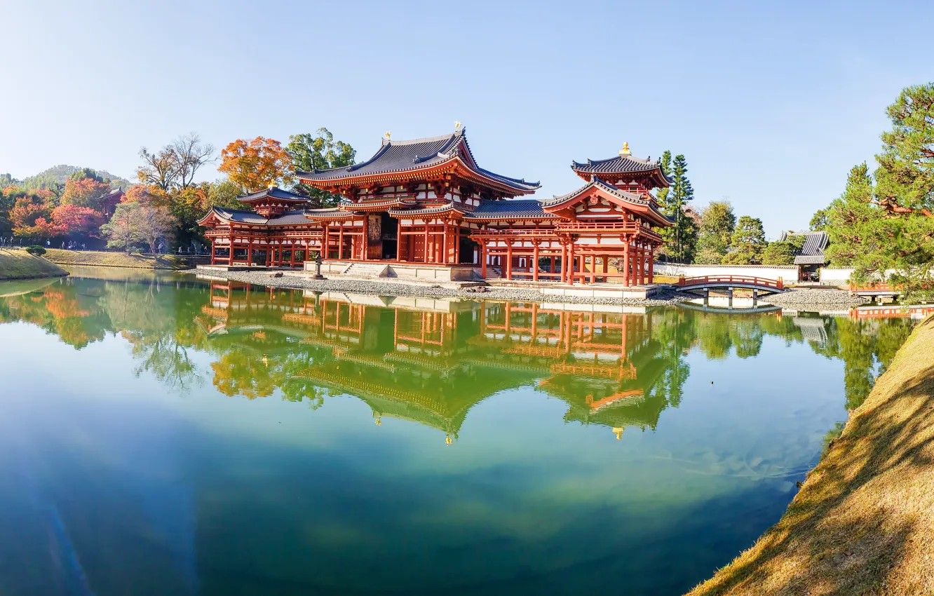 Photo wallpaper trees, pond, Park, reflection, Japan, panorama, temple, Japan, Uji, Uji, The byodo-in temple, Byodo-in Temple, …