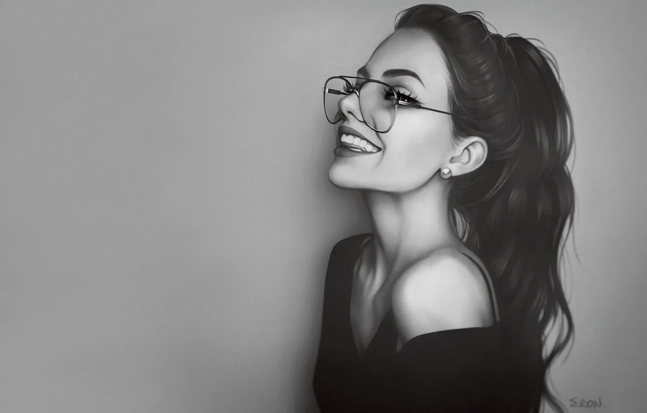 Wallpaper Girl, Glasses, Face, Art, Beauty, Smiling, Illustration, Black  and white, Sammara Eron, by Sammara Eron, Bitch images for desktop, section  арт - download