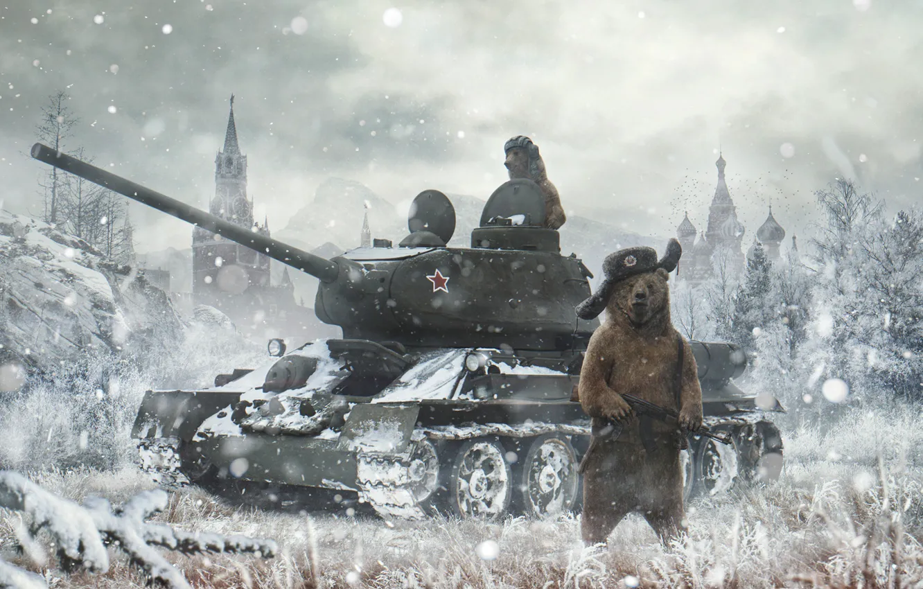 Photo wallpaper Winter, Snow, Bear, Bears, The Kremlin, St. Basil's Cathedral, Russia, Machine, Art, Tank, T-34, Russian, …