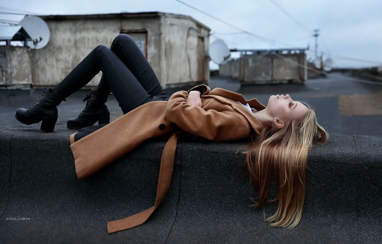 Photo wallpaper girl, pose, hair, shoes, lies, coat, on the roof, Denis Lankin