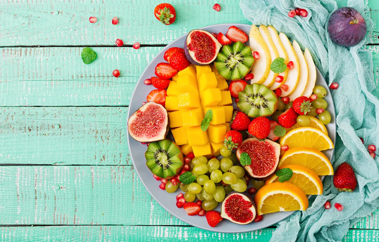 Photo wallpaper berries, orange, colorful, kiwi, strawberry, grapes, summer, fruit, mango, fresh, wood, sweet, strawberry, fruits, berries, …