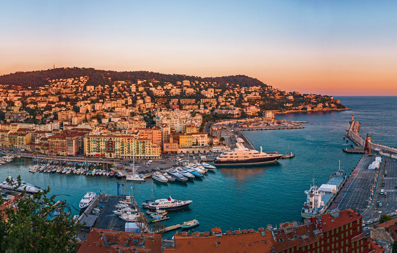 Wallpaper sunset, rock, France, building, home, yachts, panorama, France,  harbour, Nice, Nice, Port Lympia, Limpia Port images for desktop, section  город - download