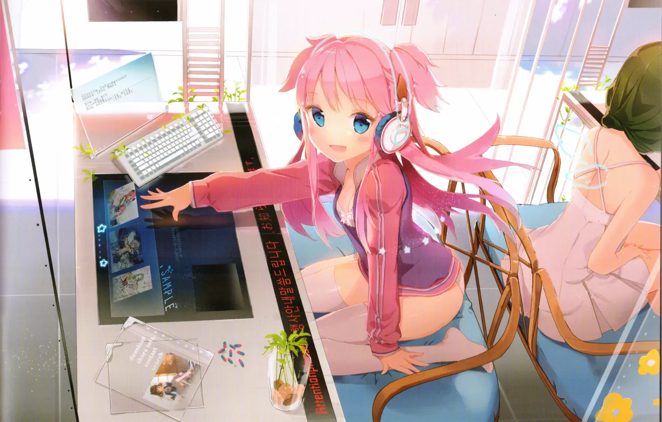 Photo wallpaper computer, headphones, characters, keyboard, blue eyes, on my knees, pink hair, in a cafe, at …