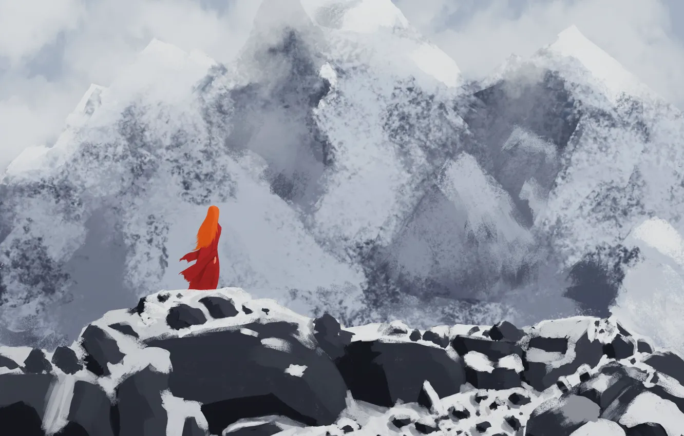 Photo wallpaper Girl, Mountains, red dress, девушка в горах