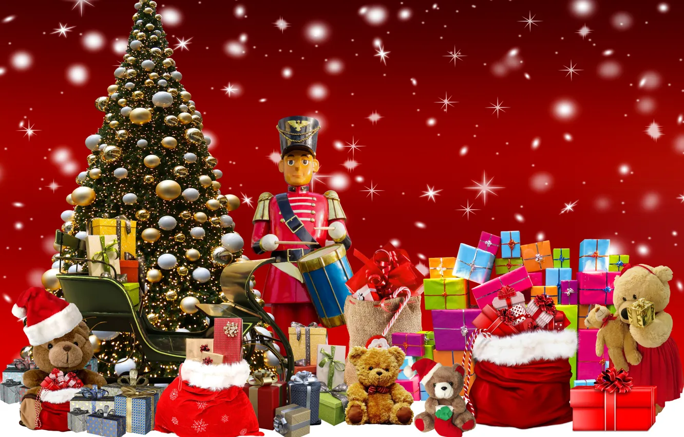 Photo wallpaper Christmas, New year, Gifts, Bears, Red background, Рождественские подарки для детей, Рождественская ёлка
