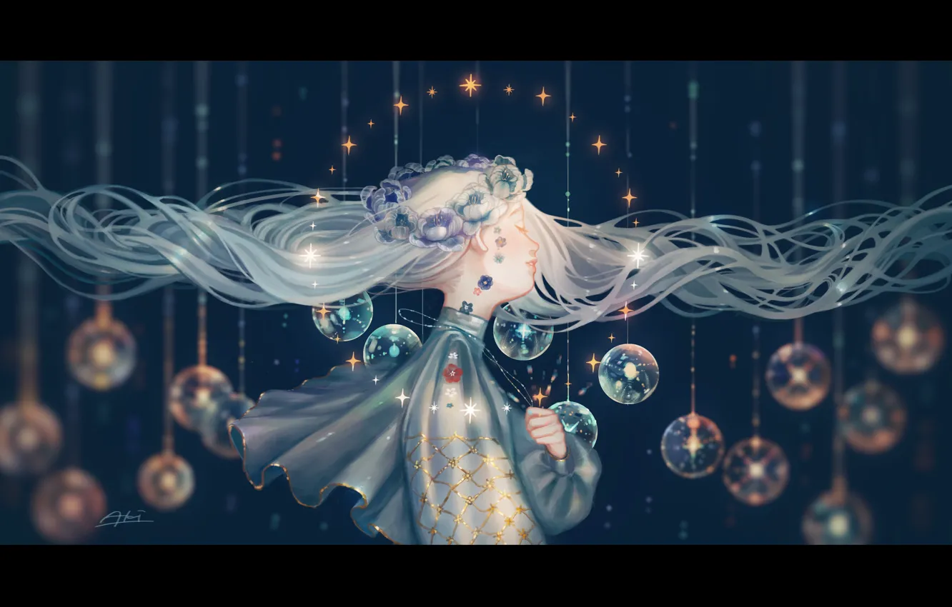 Photo wallpaper girl, stars, balls, flowers, fantasy