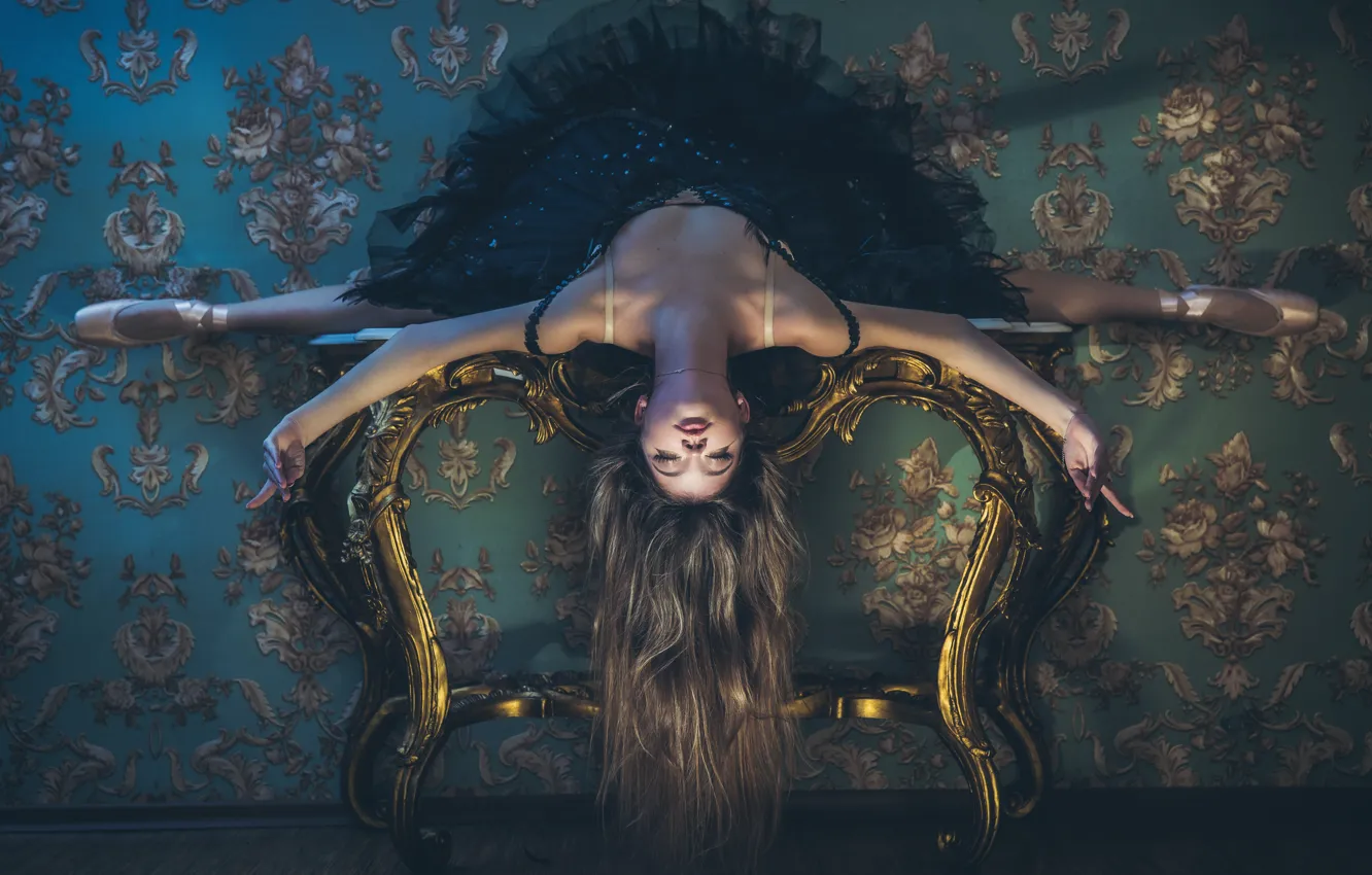 Photo wallpaper girl, pose, Wallpaper, hands, ballerina, twine, long hair, on the table, closed eyes, Ivan Slavov