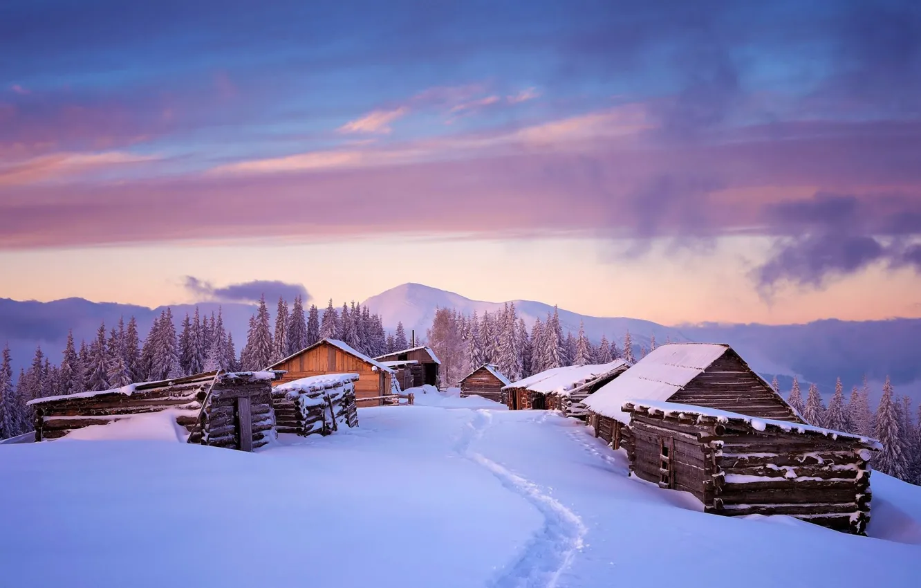 Photo wallpaper house, forest, sky, trees, landscape, nature, Snow, winter, mountains, clouds