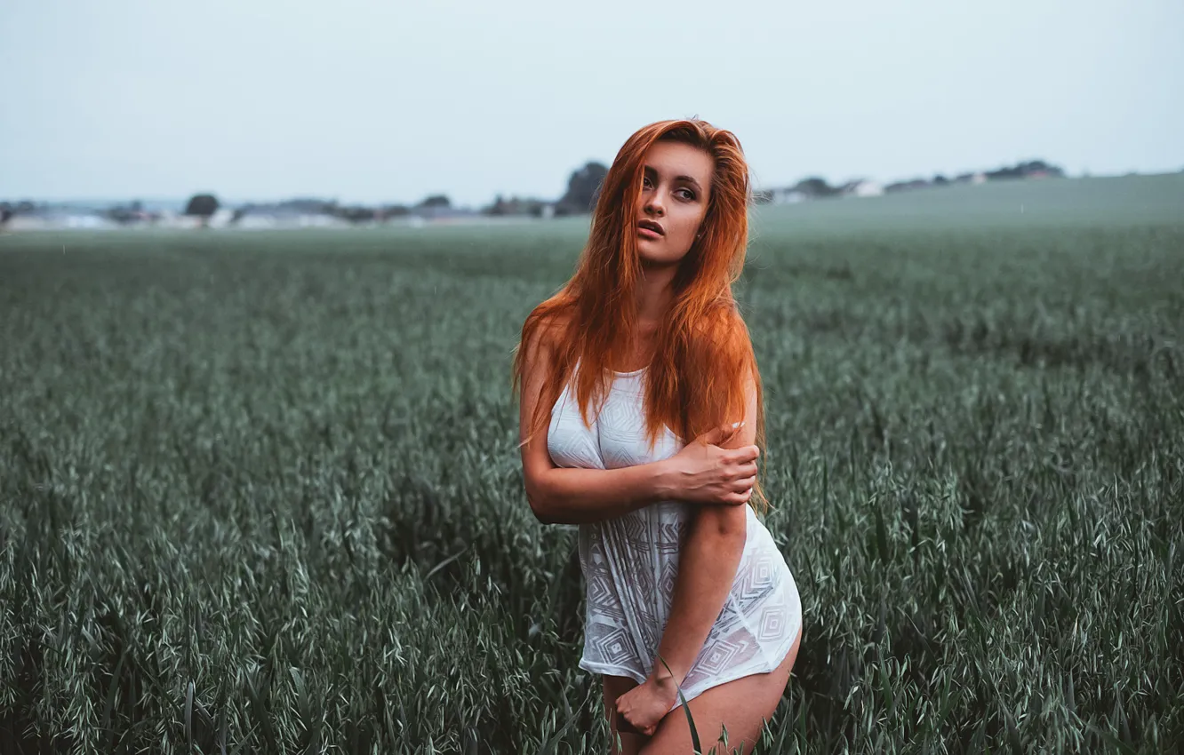 Photo wallpaper field, grass, nature, pose, model, makeup, Mike, figure, hairstyle, is, redhead, in white, bokeh, Ginger, …