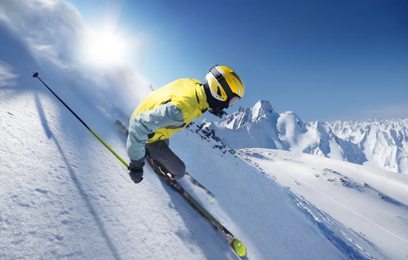 Photo wallpaper photo, Winter, Snow, Sport, Movement, Helmet, Skiing