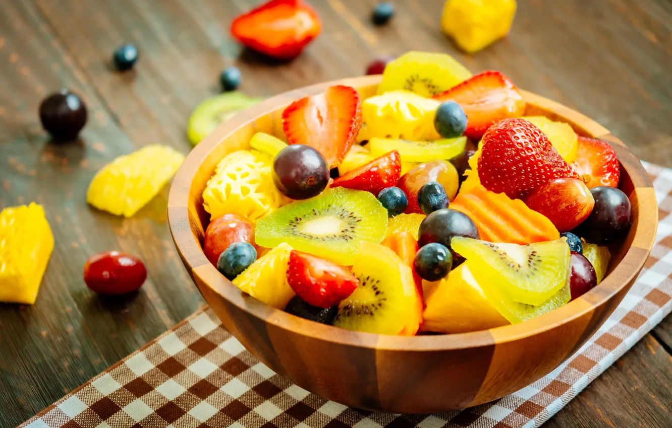 Photo wallpaper berries, kiwi, strawberry, grapes, bowl, fruit, blueberries, fruit salad